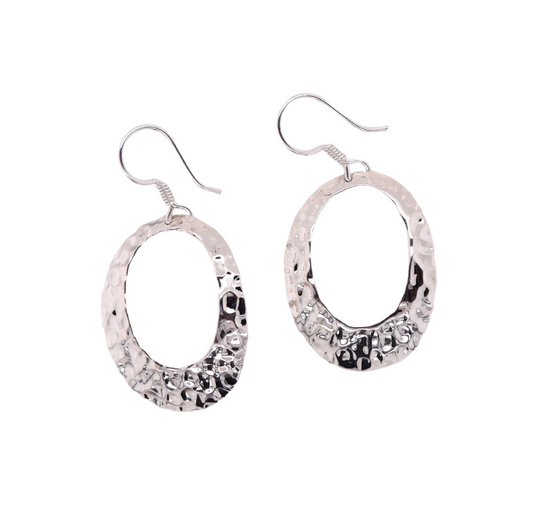Hammered Oval Drop Silver Earrings