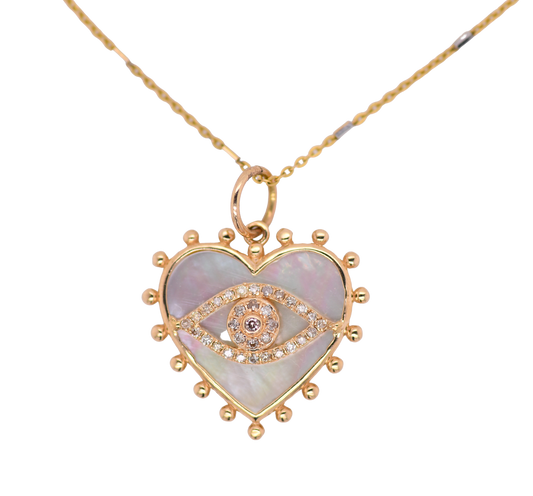Mother of Pearl Heart and Diamond Evil Eye Necklace