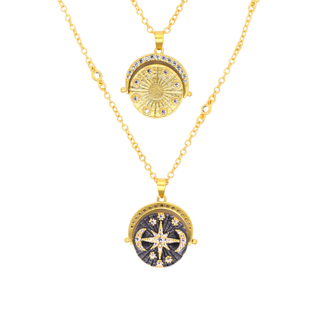 Gunmetal and Gold Reversible Celestial Pendant Necklace