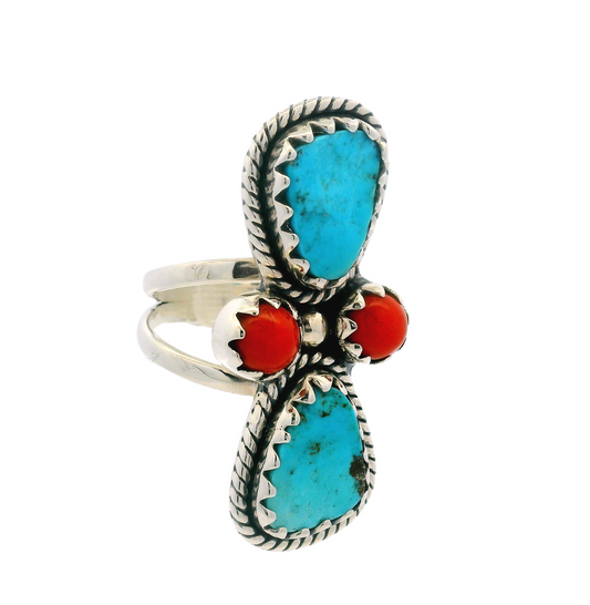 Sterling Silver Turquoise + Coral Ring