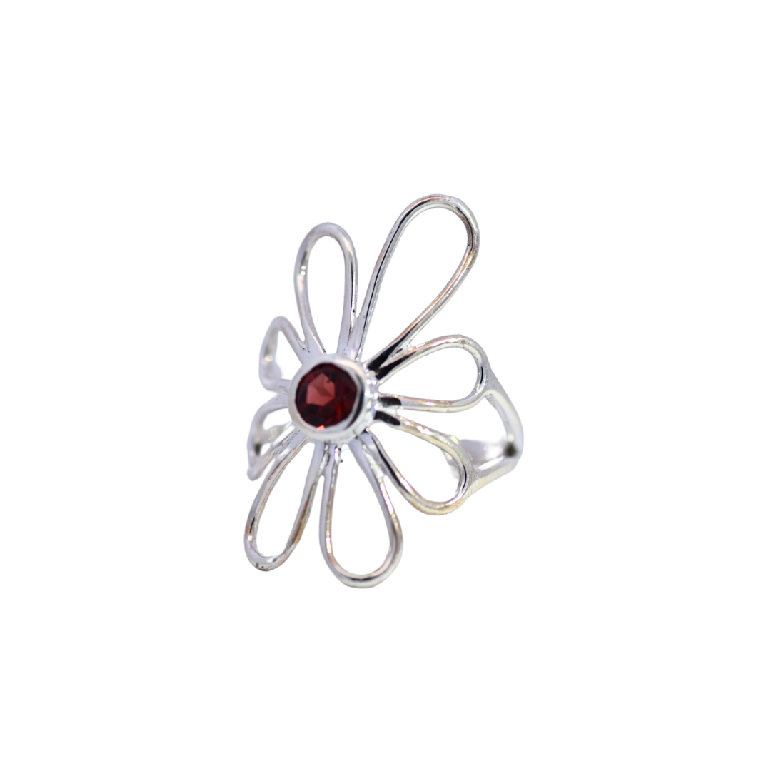 Sterling Silver Curved Flower Gemstone Ring