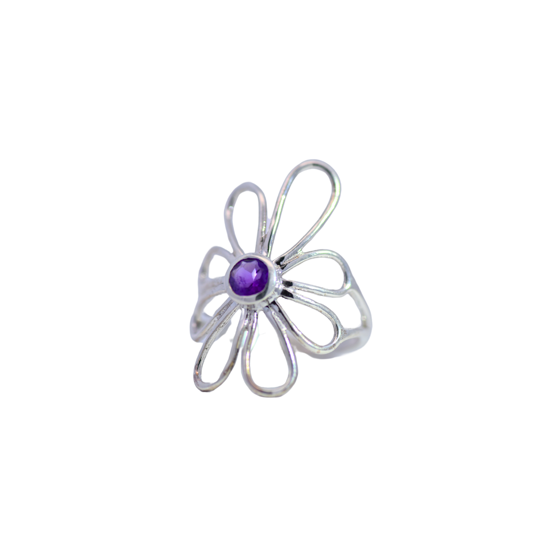 Sterling Silver Curved Flower Gemstone Ring