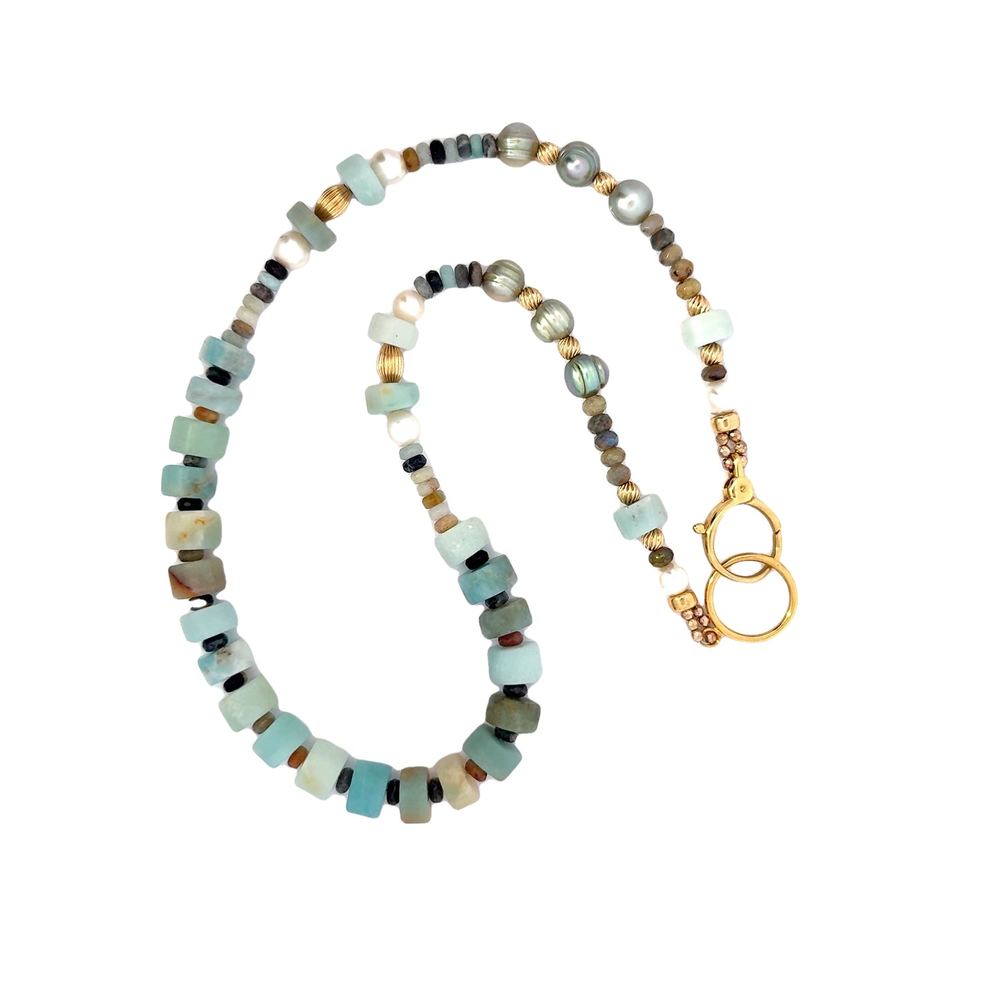 Wear it 3 Ways- Amazonite + Green Freshwater Pearl + Labradorite Necklace