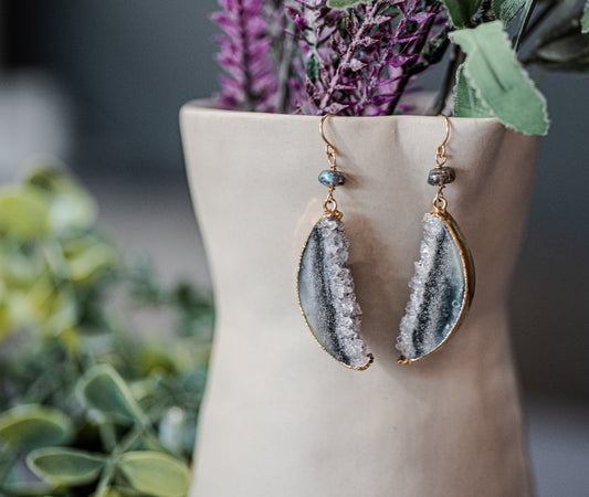 Black Agate Druzy + Labradorite Earrings