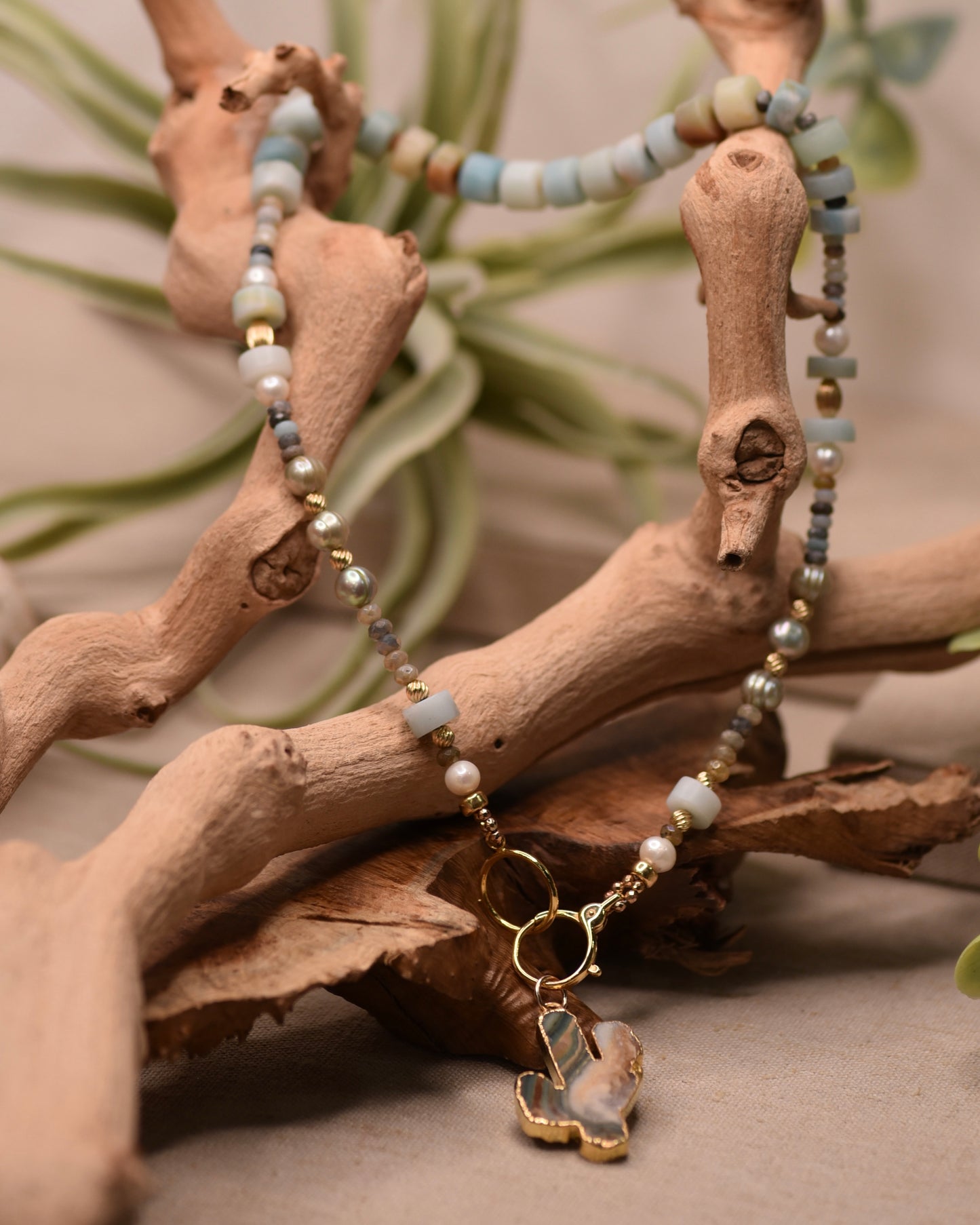 Wear it 3 Ways- Amazonite + Green Freshwater Pearl + Labradorite Necklace