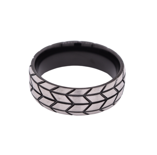 Men's Stainless Steel and Black Tire Pattern Ring