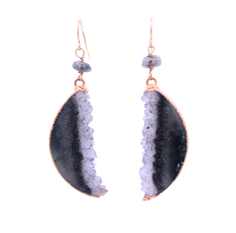 Black Agate Druzy + Labradorite Earrings