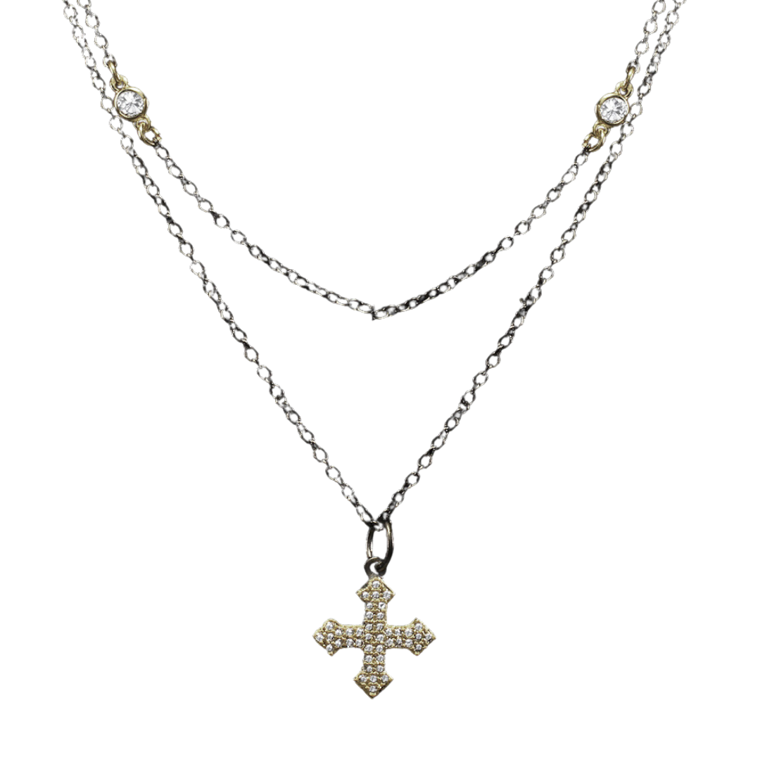 Layered Y-Necklace with Pave Cross Pendant