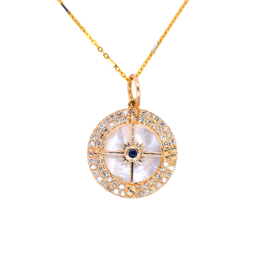 Mother of Pearl, Sapphire and Diamonds Compass Necklace