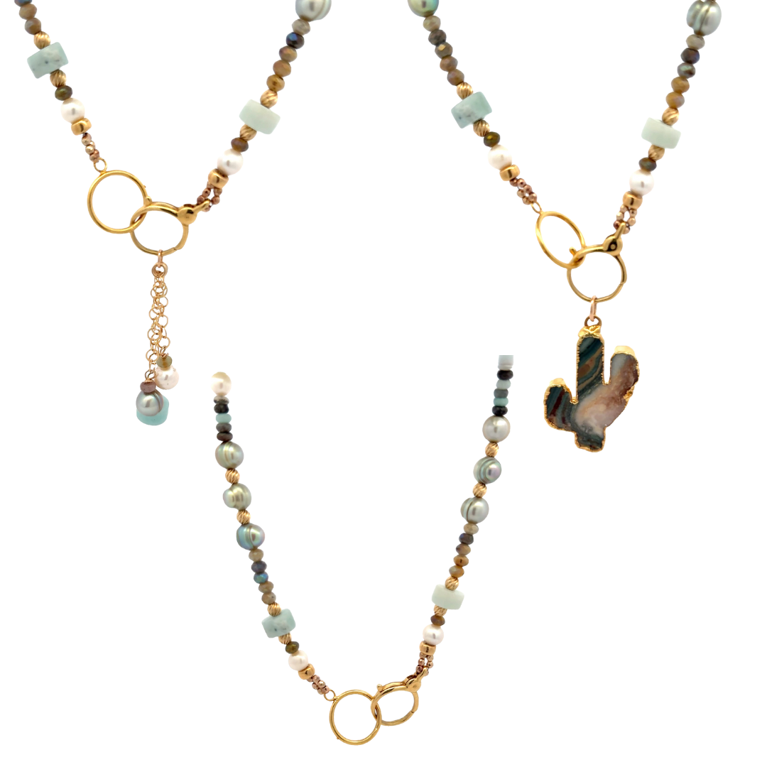 Wear it 3 Ways- Amazonite + Green Freshwater Pearl + Labradorite Necklace