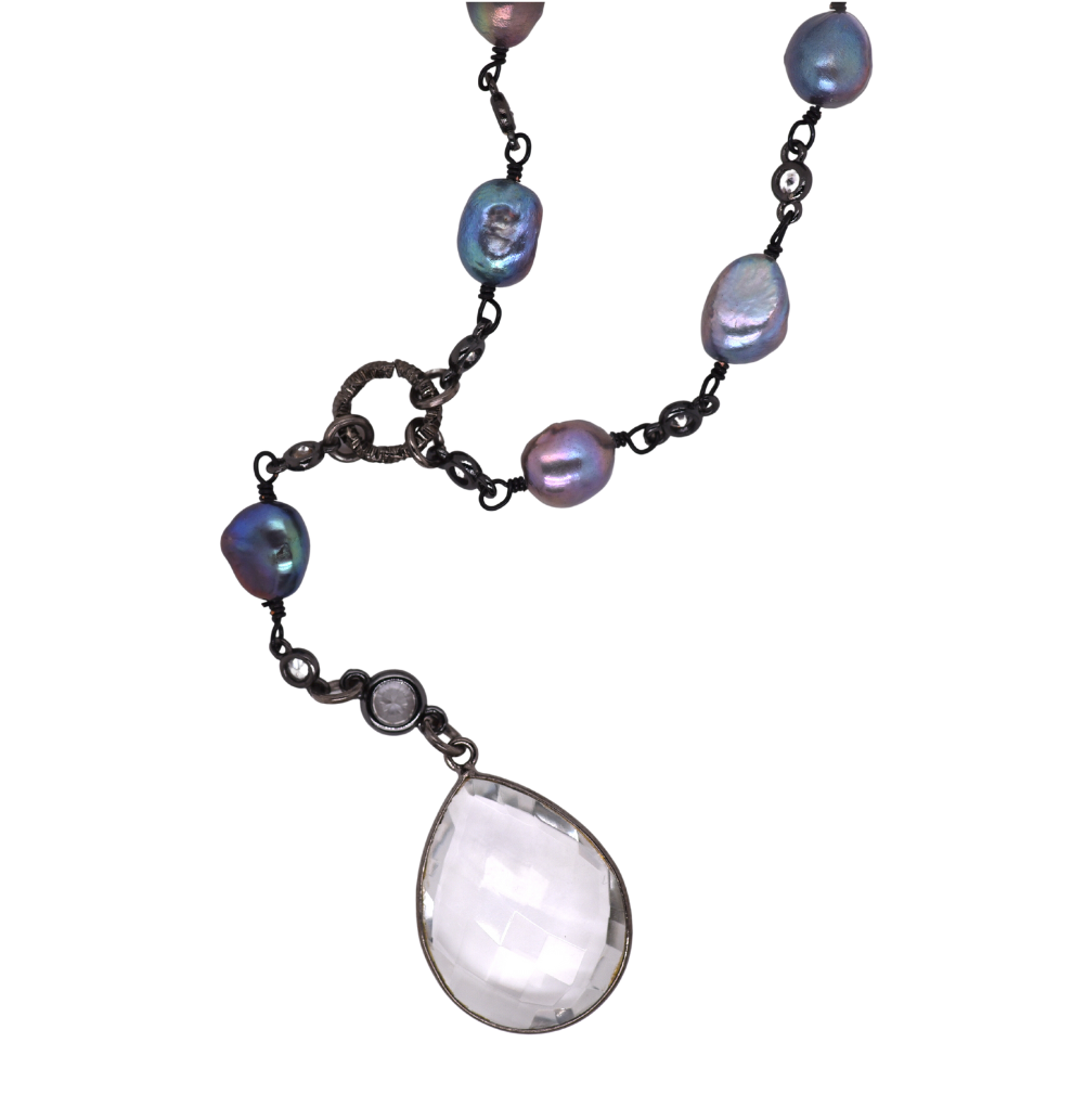 Peacock Pearl Necklace with Crystal Quartz Tear Drop