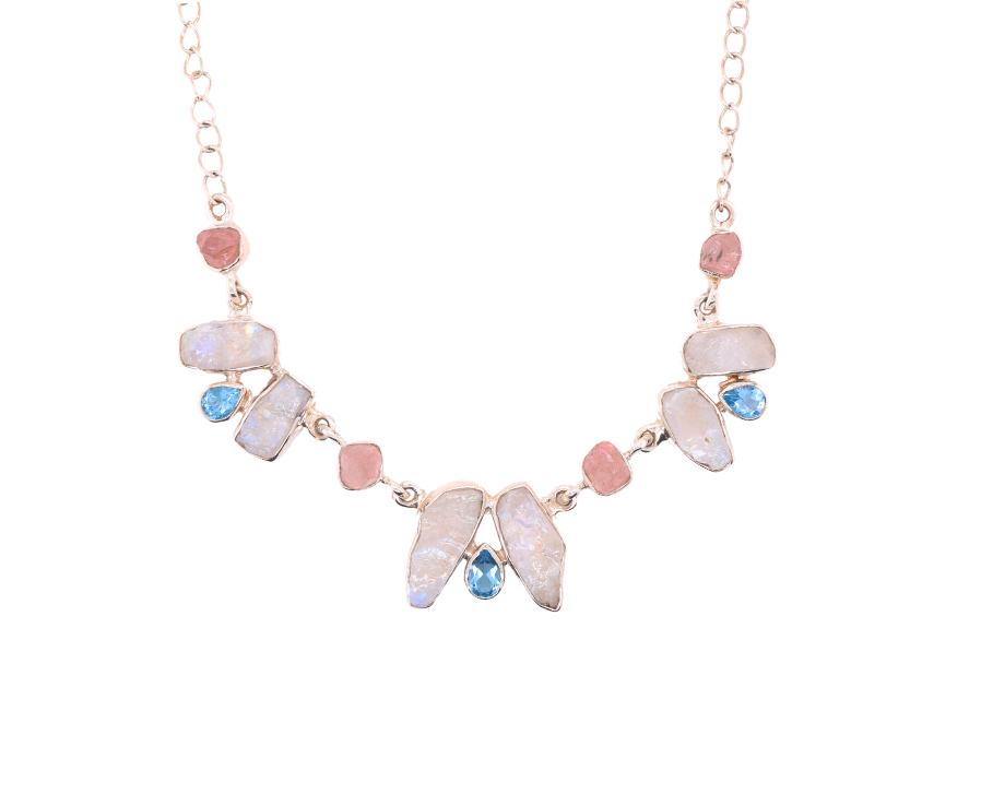 Rose Quartz, Moonstone & Swiss Blue Topaz Necklace