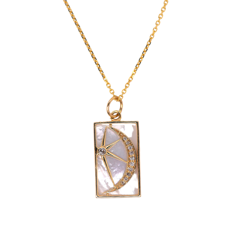 Mother of Pearl and Diamond Moon and Star Necklace