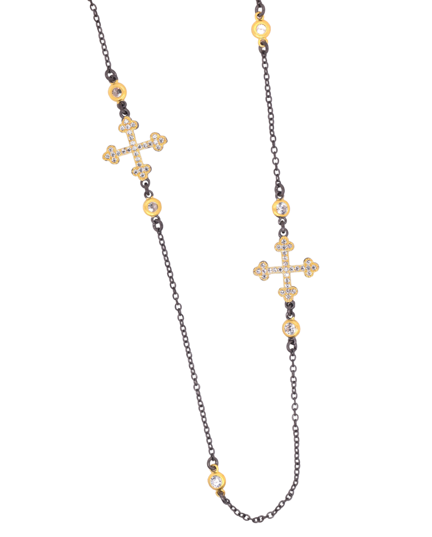 Gunmetal and Gold Pave CZ Cross Necklace