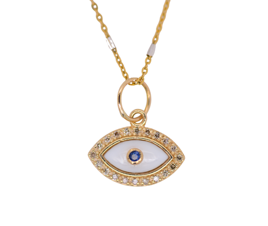 Mother of Pearl, Sapphire and Diamond Evil Eye Necklace