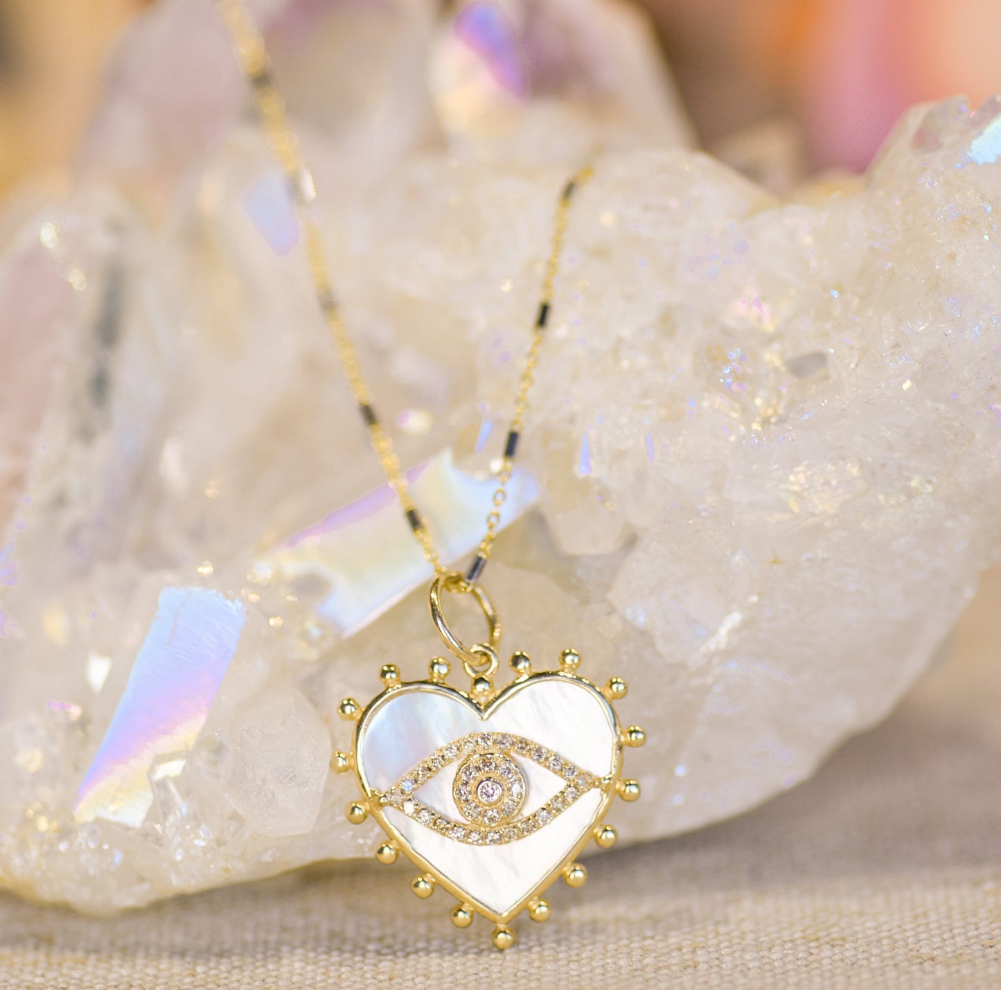 Mother of Pearl Heart and Diamond Evil Eye Necklace