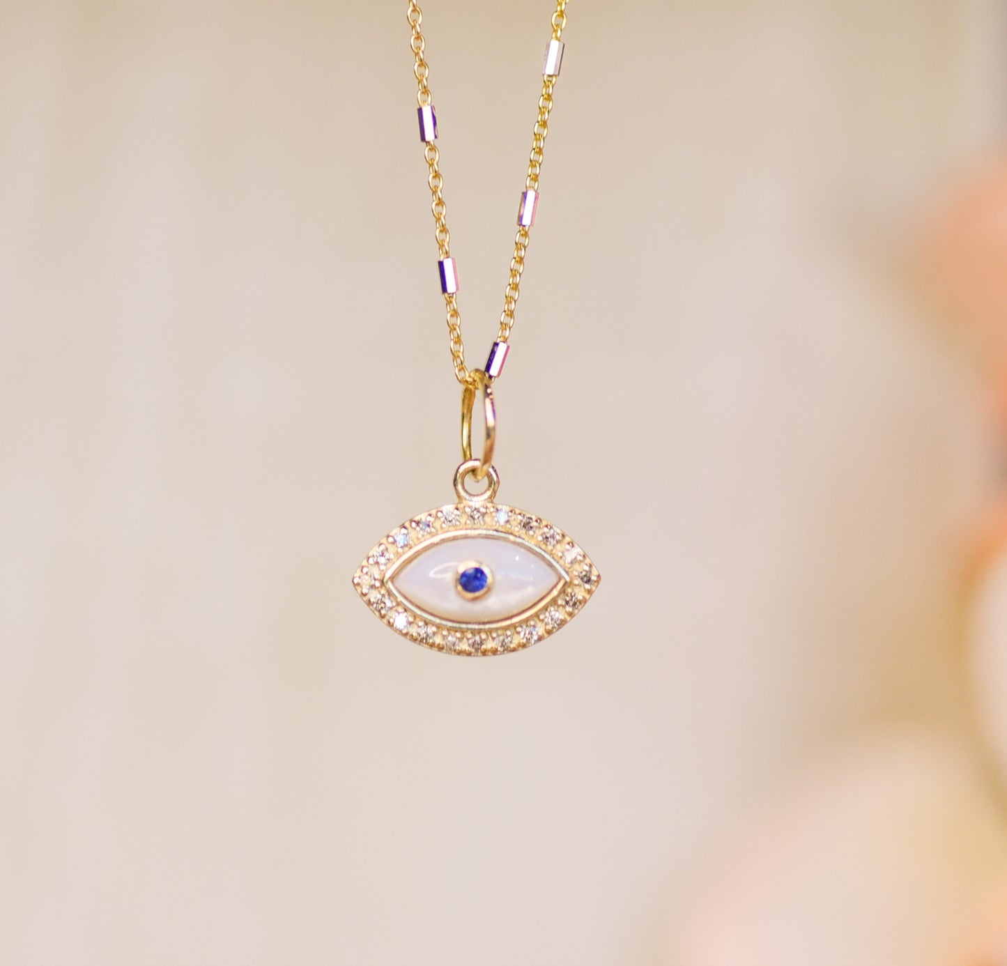 Mother of Pearl, Sapphire and Diamond Evil Eye Necklace
