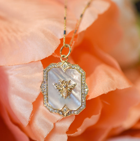 FINAL SALE: Mother of Pearl and Diamond Bee Necklace